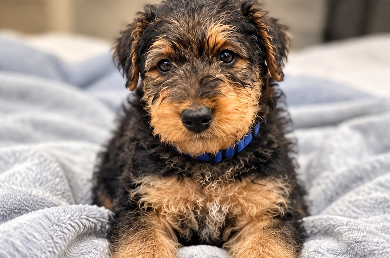 An Astoraires Airedale puppy relaxing on a blanket